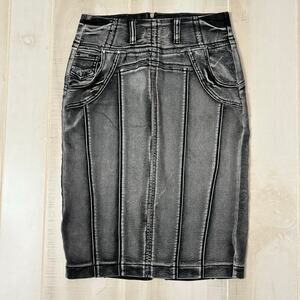 Ranberri Black Denim Pencil Skirt Sz 26 High Waist Faded Wash Stretch Knee Lengt